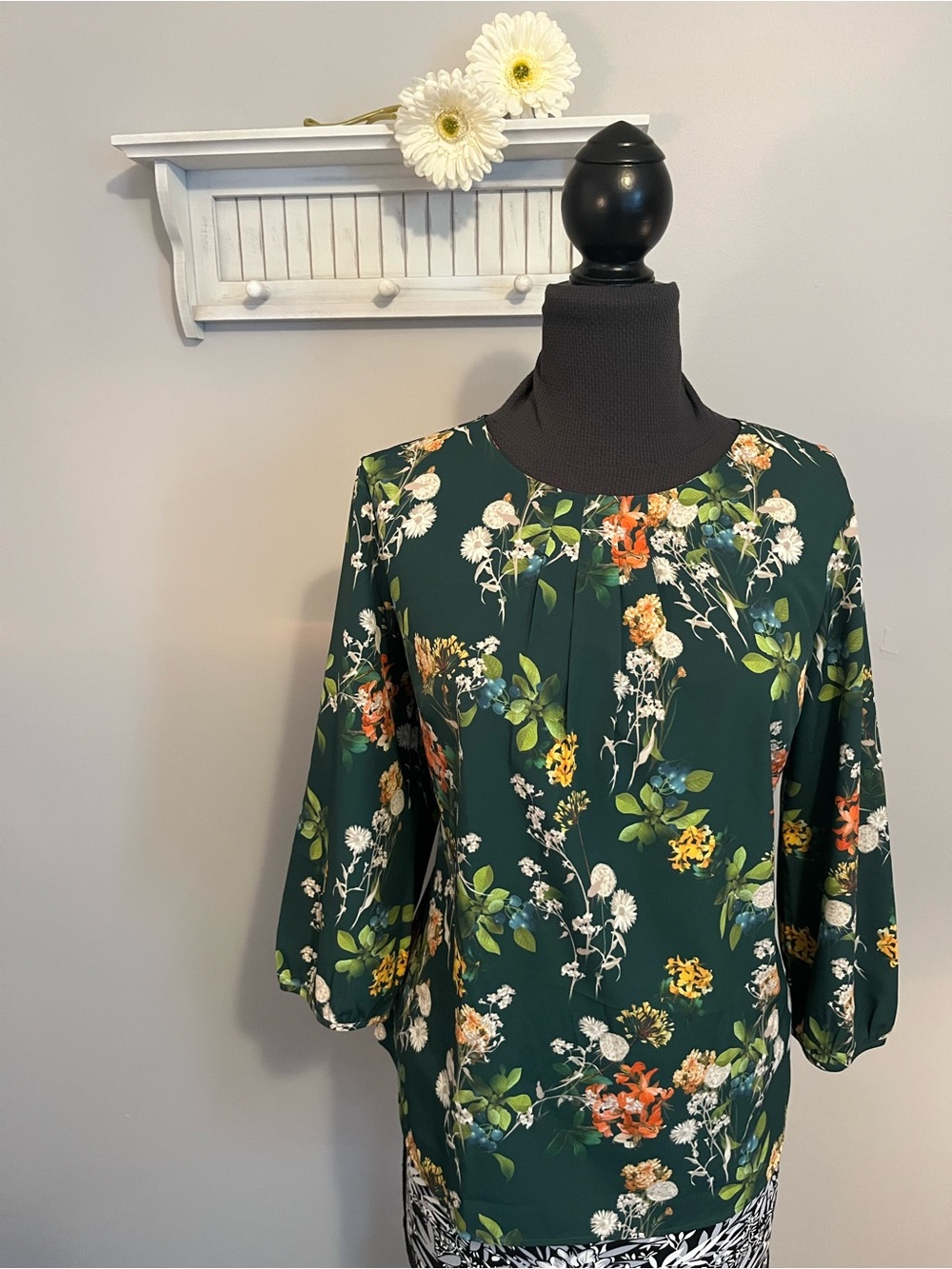 Talbots Dark Green Floral Blouse with Orange and Yellow Accents EUC